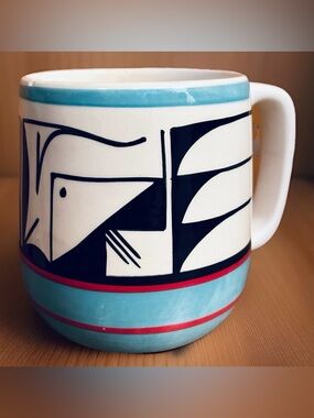 Padilla Large Native Pottery Mug Turquoise Black Signed Ute Mountain Tribe